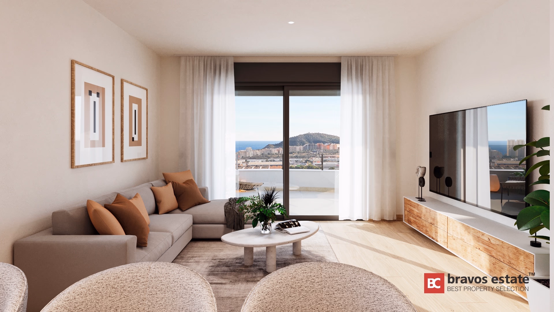 Benidorm Hills — salon moderne avec vue mer depuis la terrasse