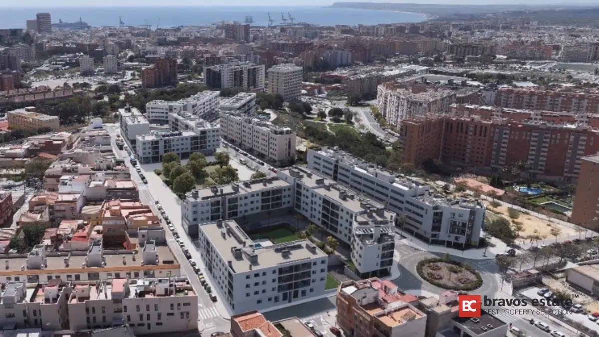 Aerial view of modern apartment complex under construction in Alicante