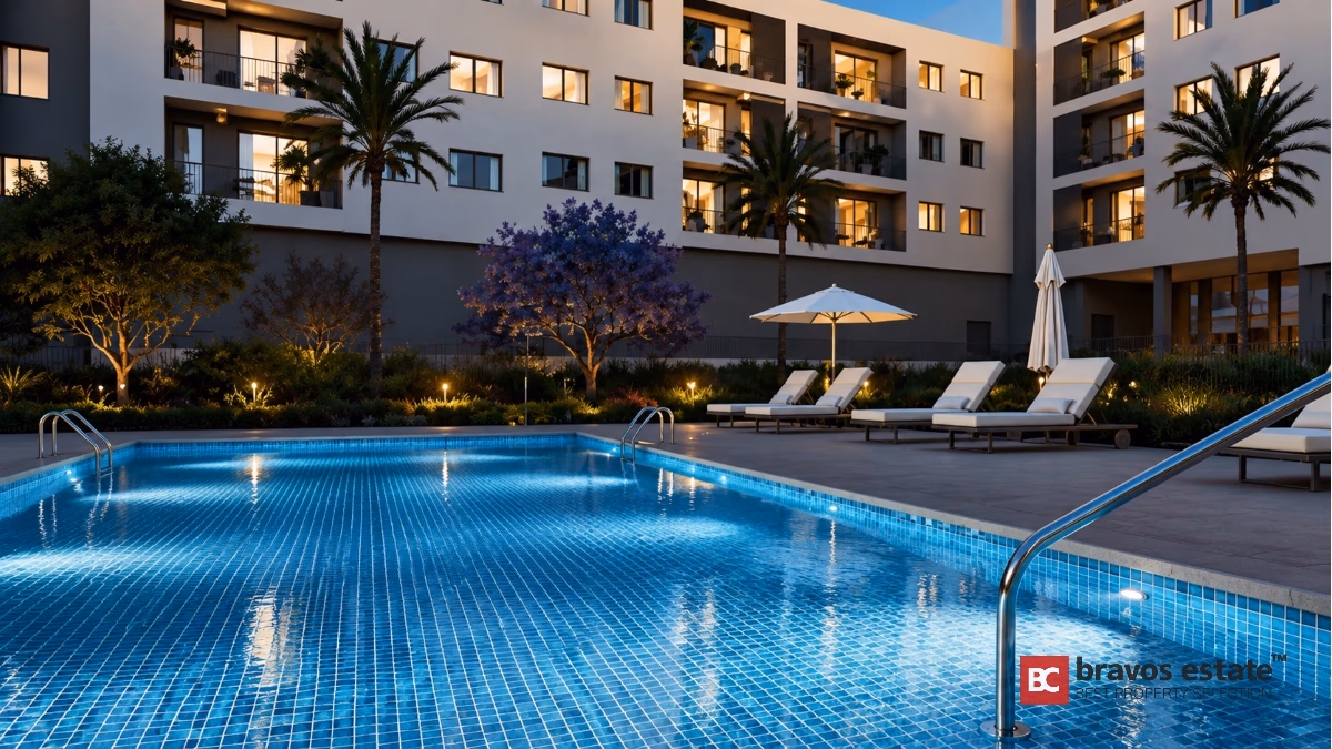 Résidence moderne avec piscine éclairée et terrasses à Alicante