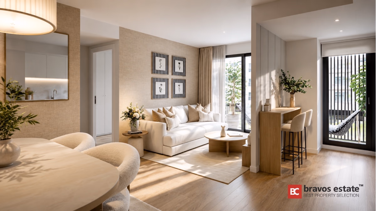 Salon moderne ouvert avec cuisine et terrasse dans appartement à Alicante