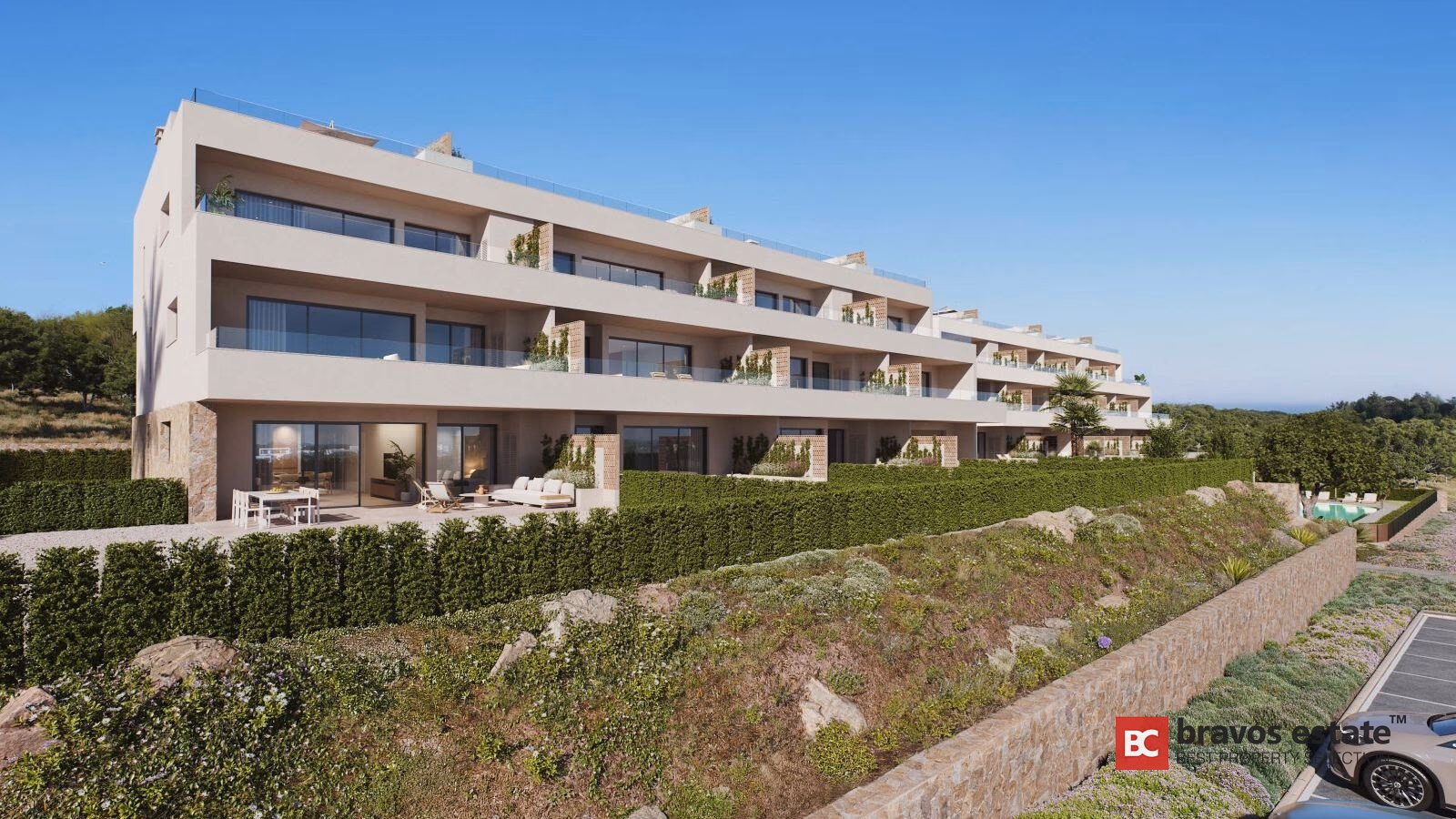 Citrus apartment building side view: three floors with terraces, walking paths and Mediterranean garden