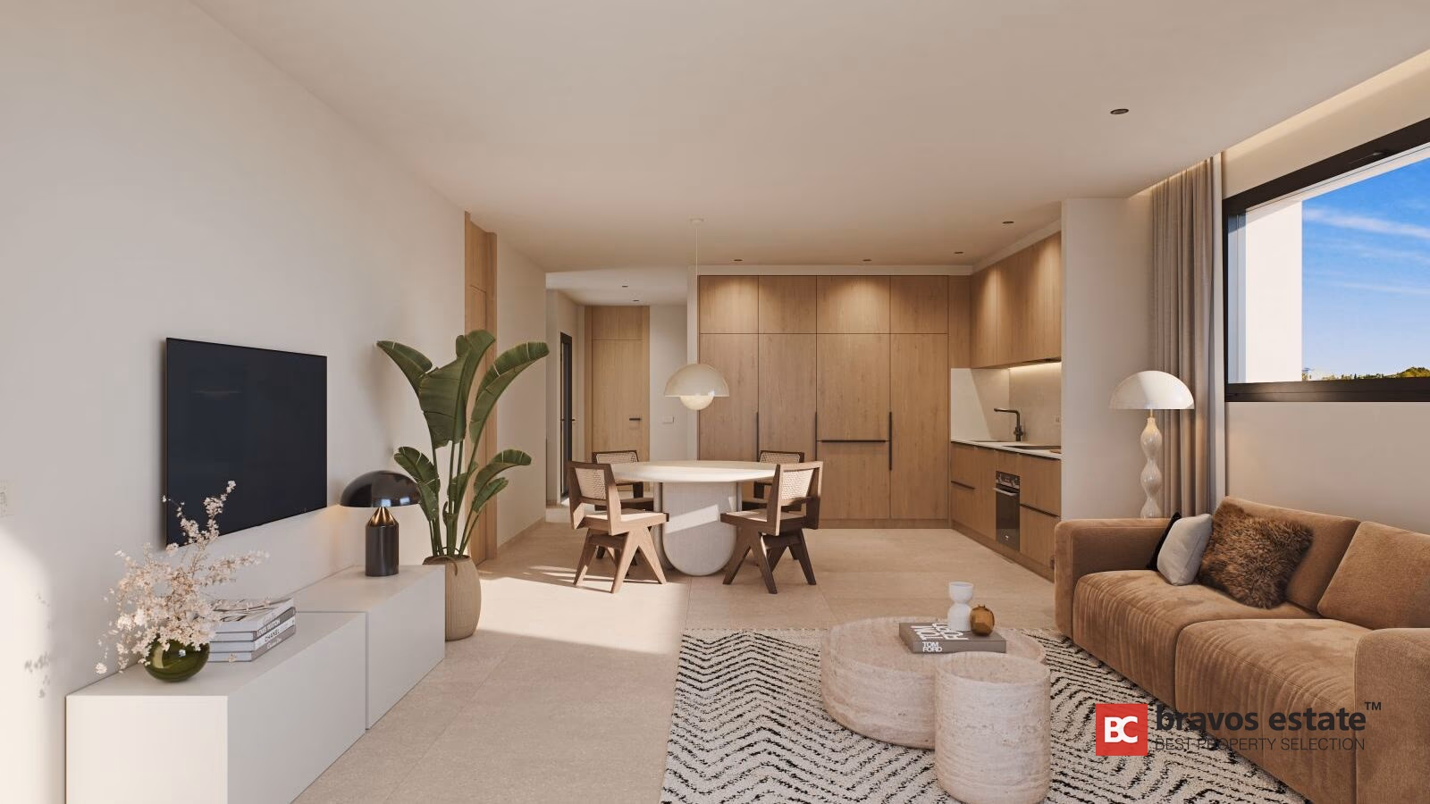 Open-plan living-dining-kitchen with wood cabinetry, brown sofa, round dining table and floor-to-ceiling window