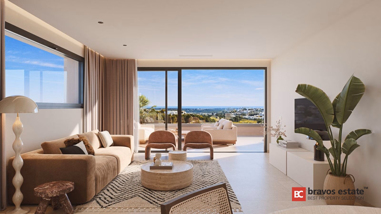 Citrus living room with brown sofa, accent chairs, and sliding glass doors opening to terrace with golf and sea views