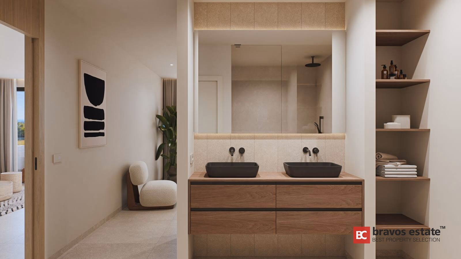 Master bathroom with double black wash basins on wood vanity, large mirror, open shower and shelving