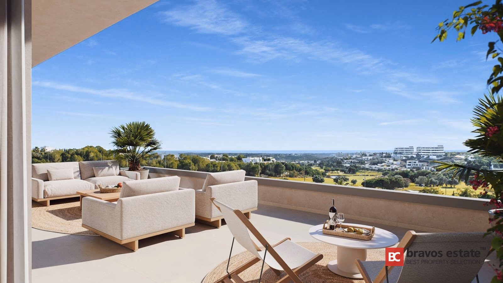 Citrus penthouse terrace with lounge seating, deck chairs and panoramic view over Las Colinas Golf toward the Mediterranean