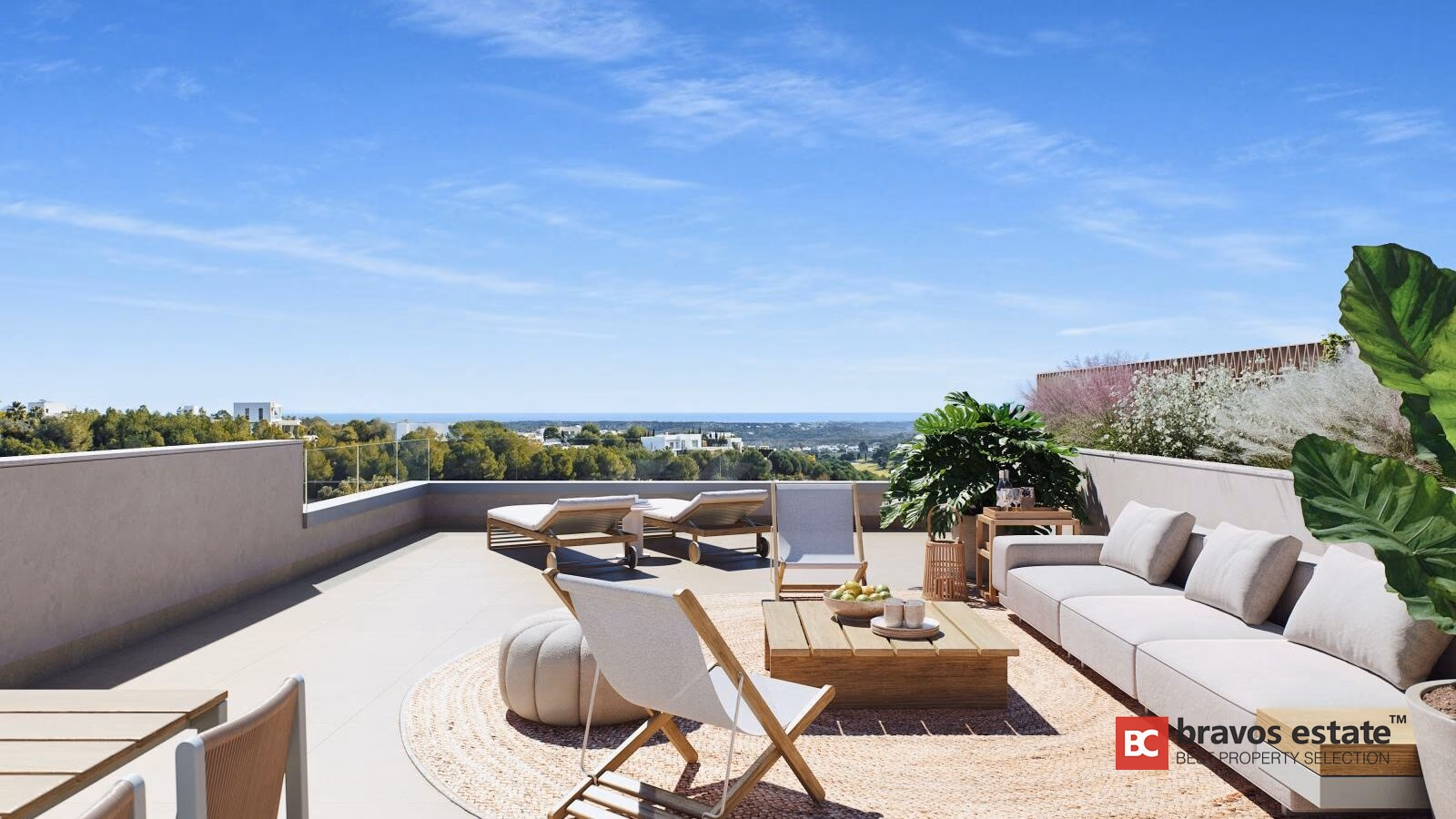 Penthouse rooftop solarium with sunbeds, lounge sofa, deck chairs and panoramic Mediterranean view