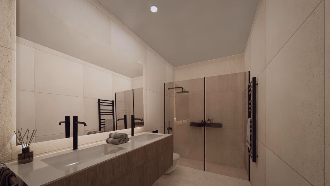 Moderne badkamer in Los Balcones de Calpe met dubbele wastafel, inloopdouche, beige tegels en zwarte kranen