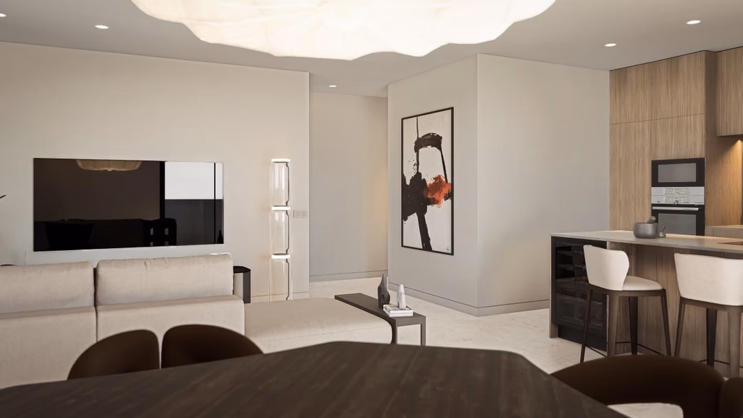Open keuken en eethoek in Los Balcones de Calpe met moderne houten kasten en barkrukken