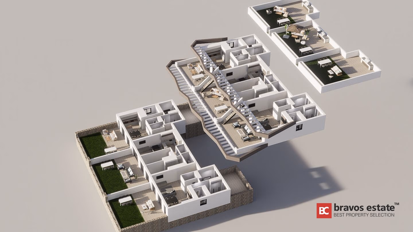 Renderowanie 3D przekroju Luz 2 — Balcón de Finestrat ukazujące wewnętrzny układ bungalowu tarasowego na wielu poziomach