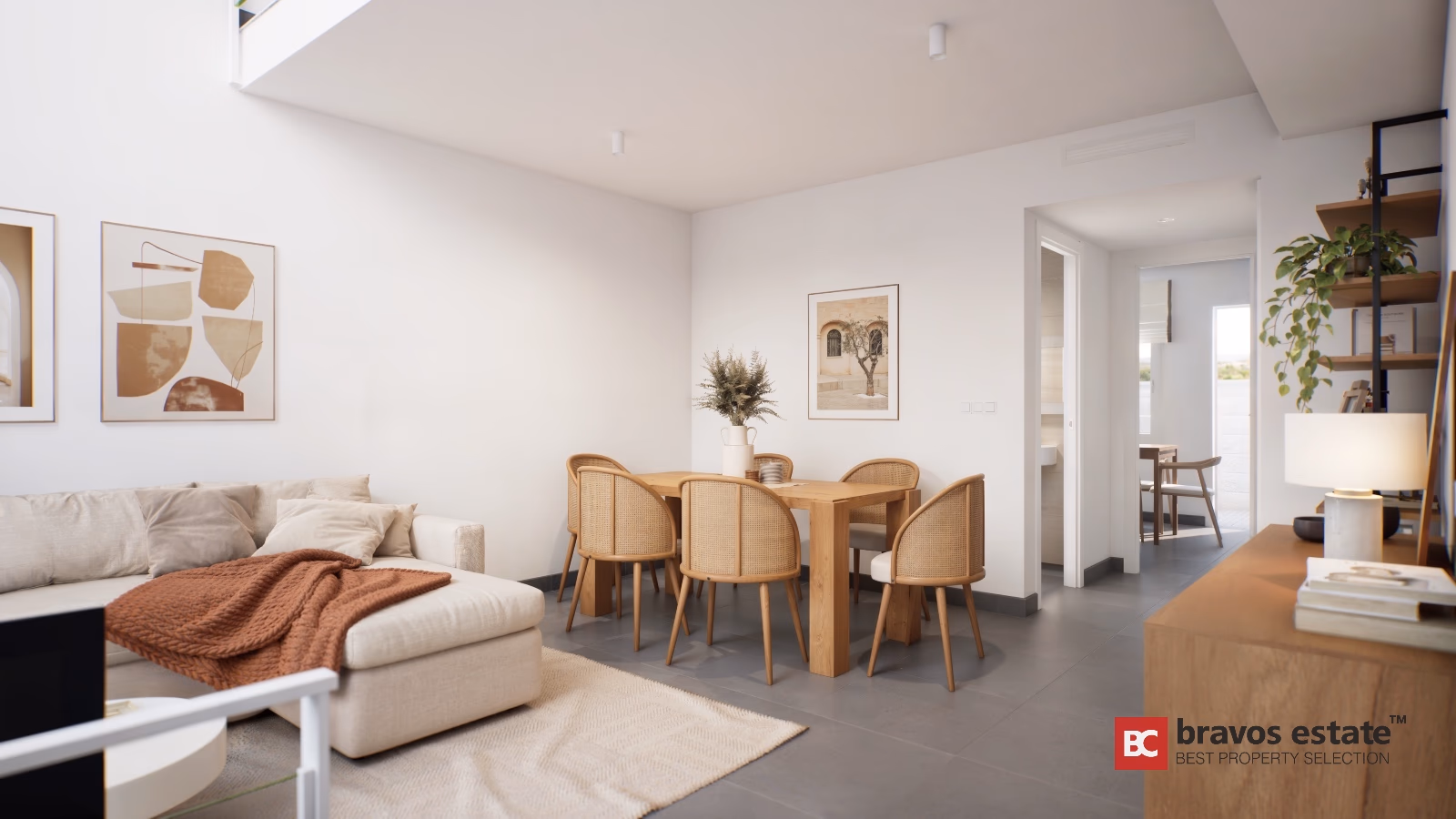Open-plan living dining area with rattan chairs and grey porcelain flooring in Gran Alacant