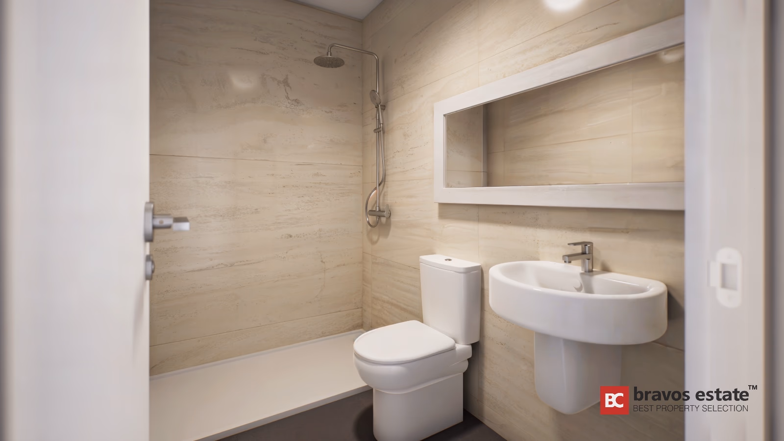 Bathroom with beige travertine-effect tiles, wall-mounted basin and built-in storage niche in Gran Alacant townhouse