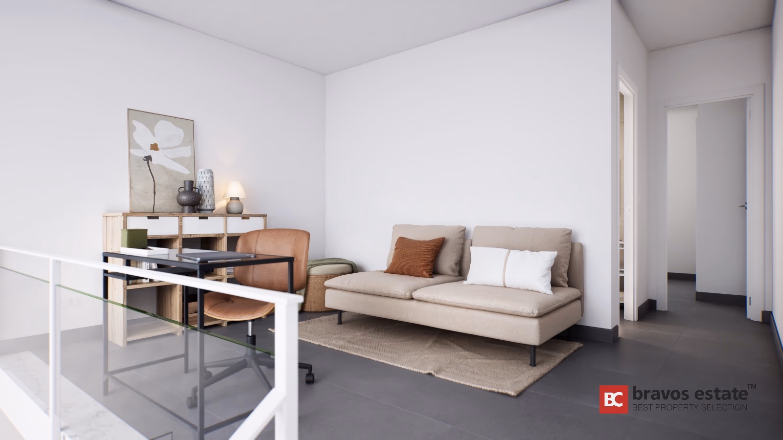 Minimalist living room with beige sofa, glass dining table and dark porcelain flooring in Gran Alacant townhouse