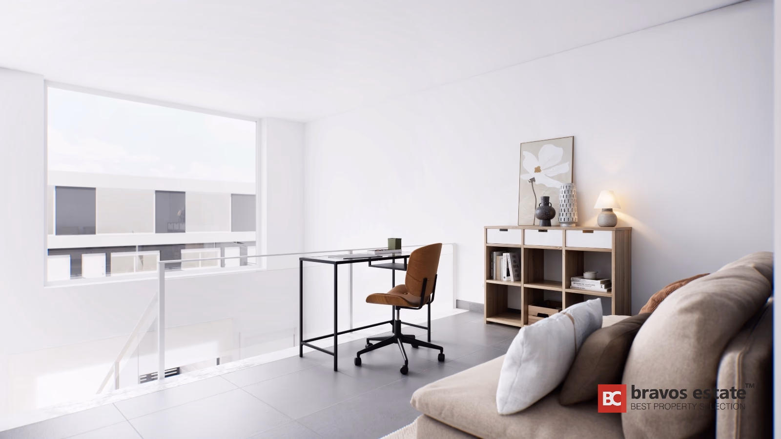 Bright home office space with glass balcony doors, wooden modular shelving and minimalist desk in Gran Alacant