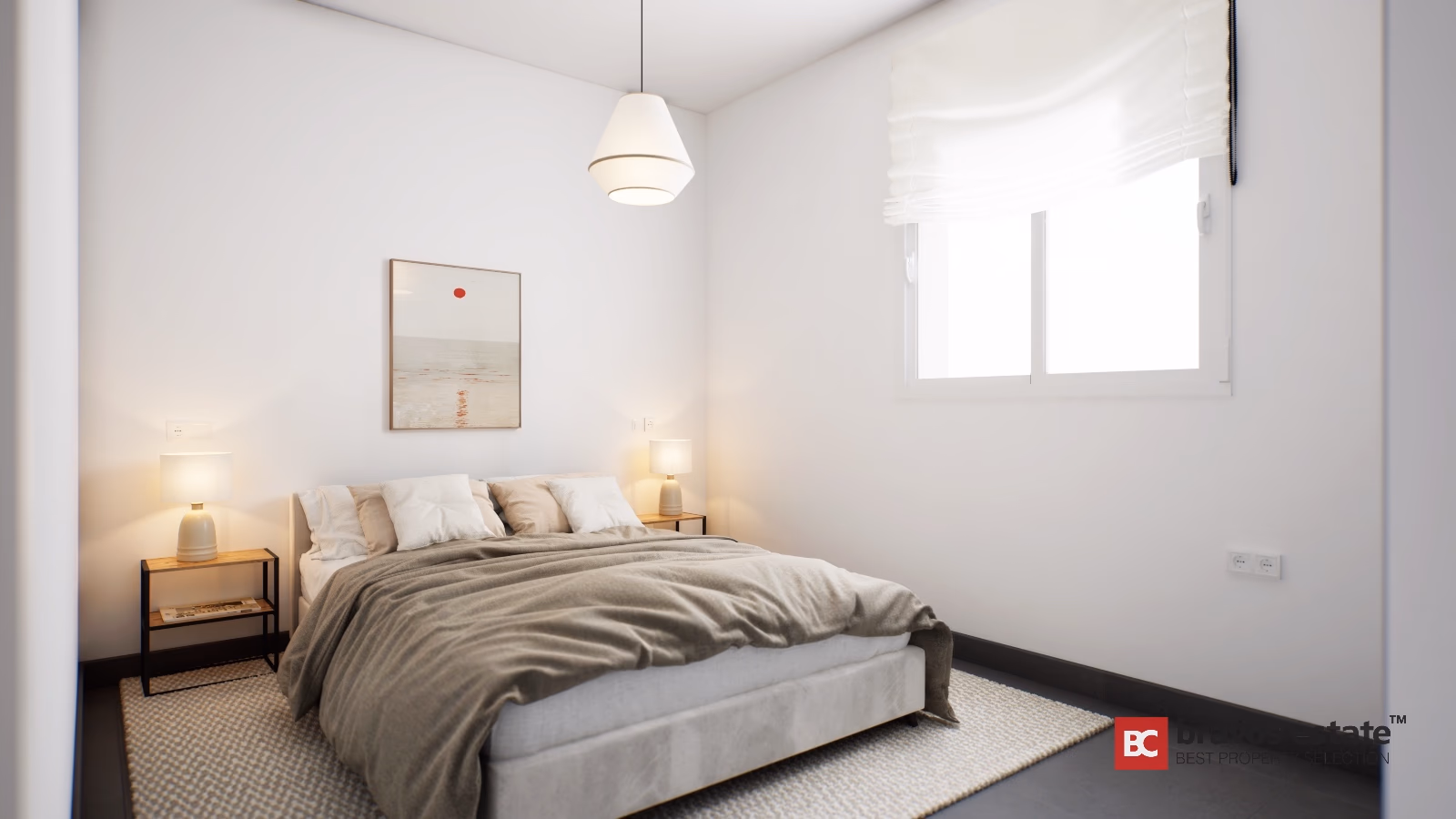 Minimalist bedroom with white walls, conical pendant light and wooden nightstands in Gran Alacant