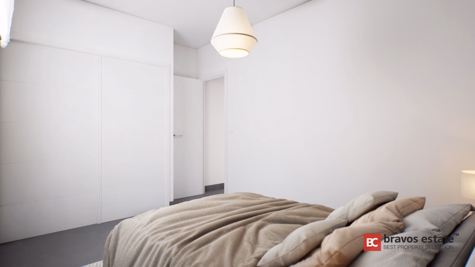Minimalist bedroom with white built-in wardrobes and layered pendant lighting in Gran Alacant townhouse