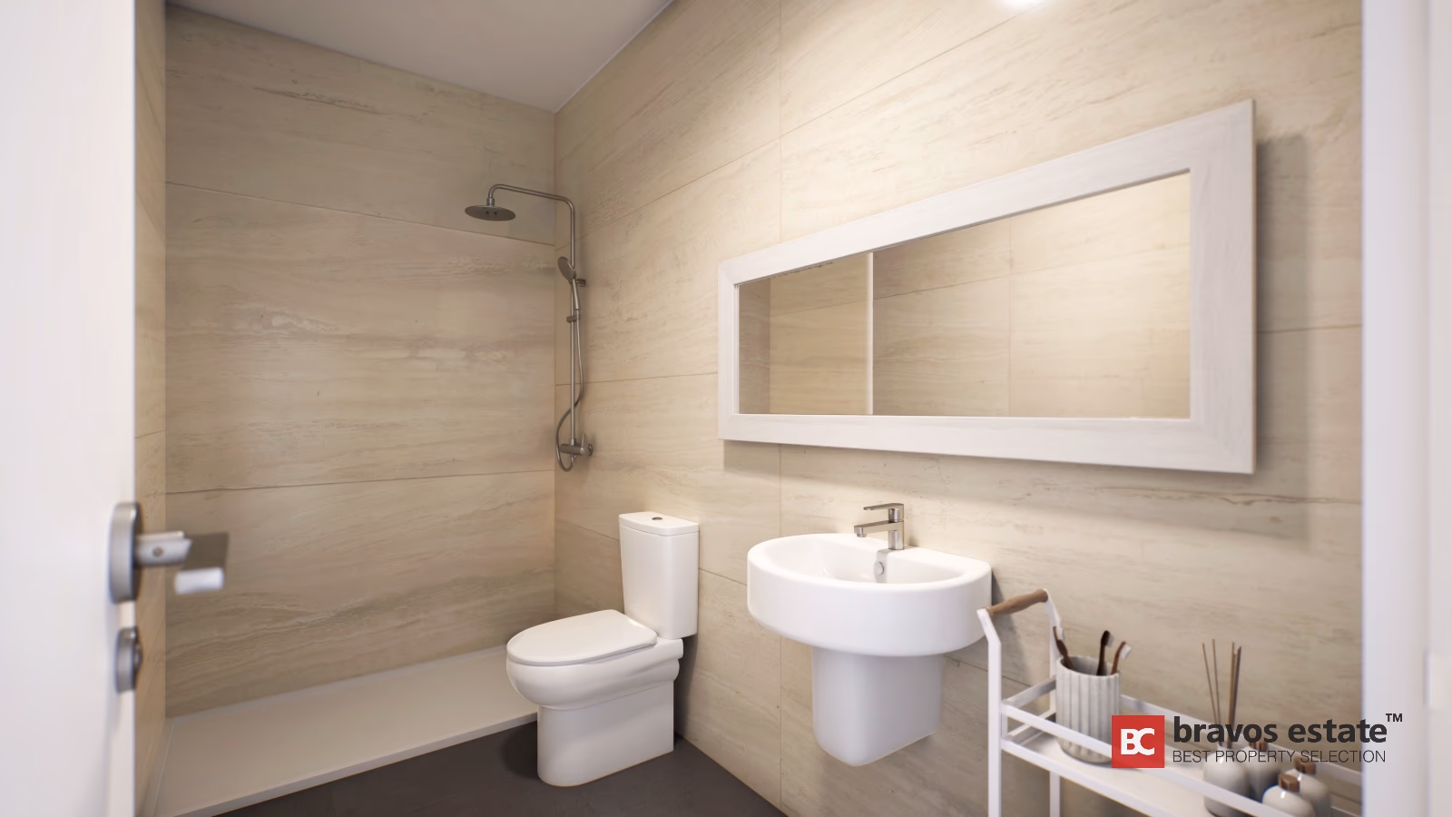 Contemporary bathroom with beige wood-effect tiles, wall-mounted basin and built-in shower niche in Gran Alacant