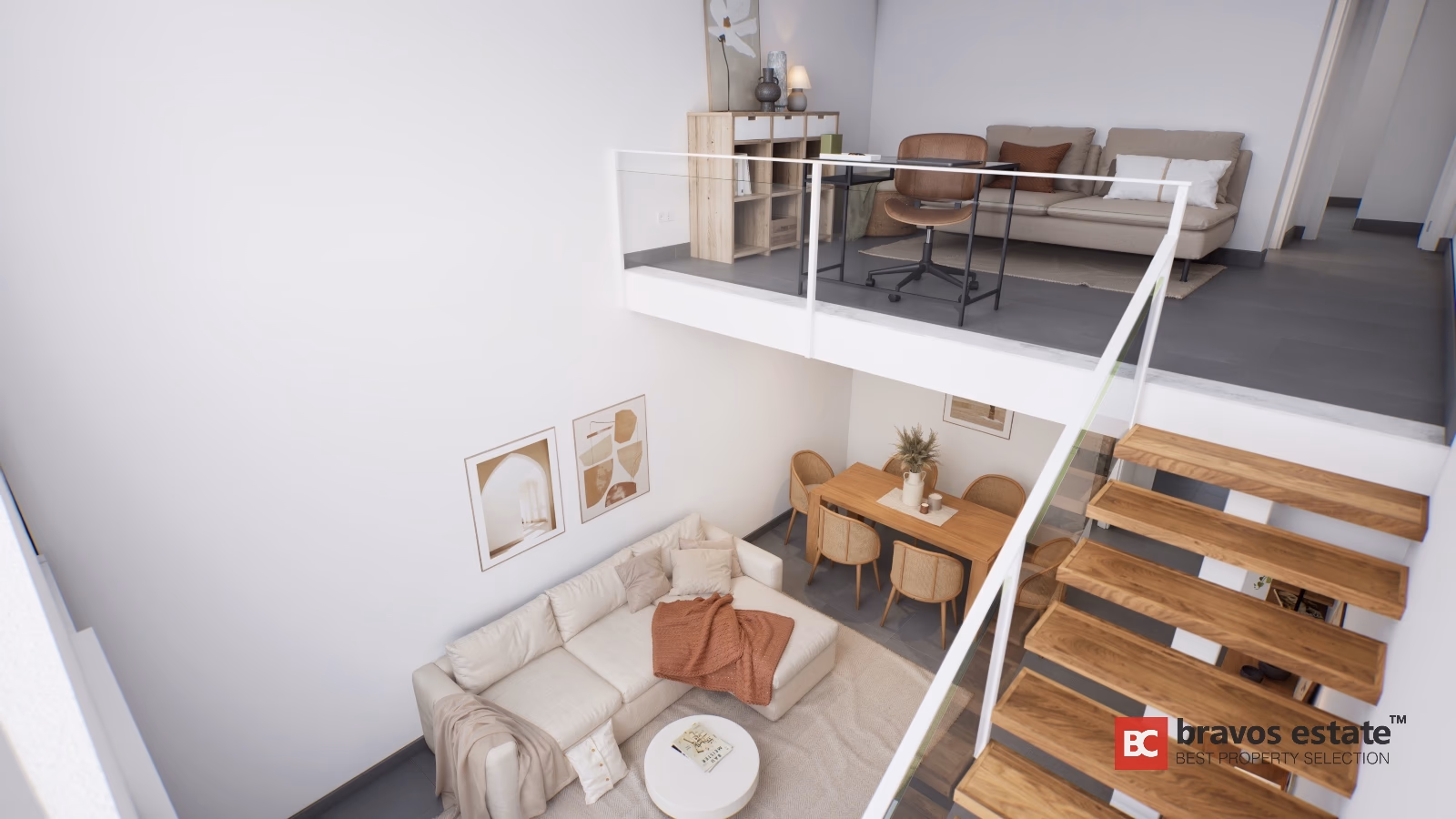 Double-height living area with floating wood stairs and mezzanine office space in Gran Alacant townhouse