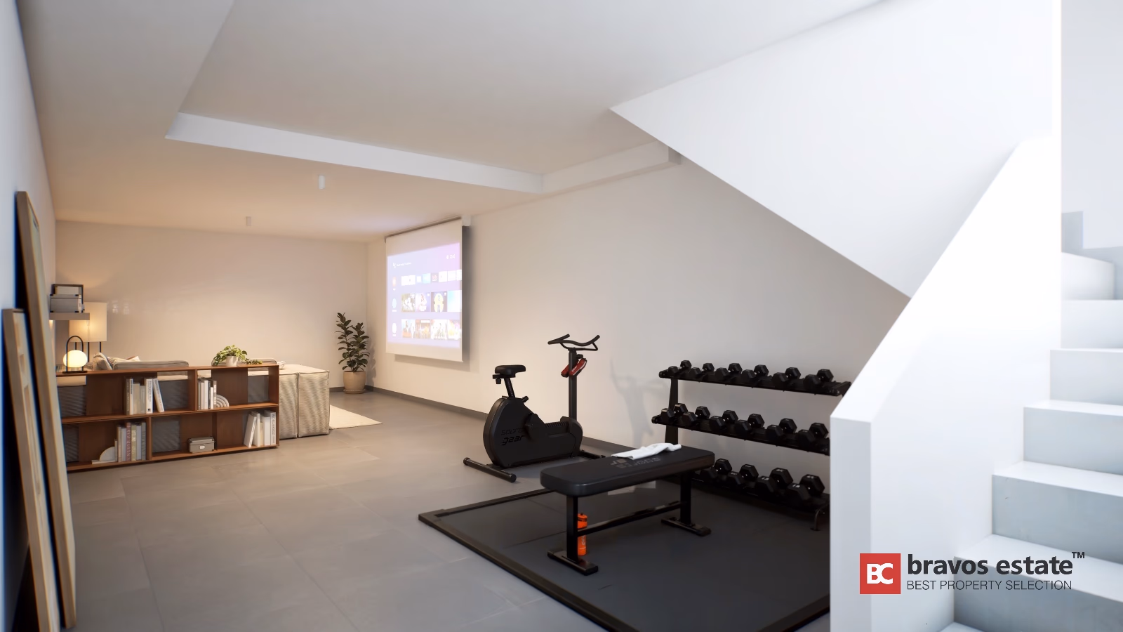 Bright basement gym area with exercise bike, weight bench and dumbbell rack in Gran Alacant townhouse