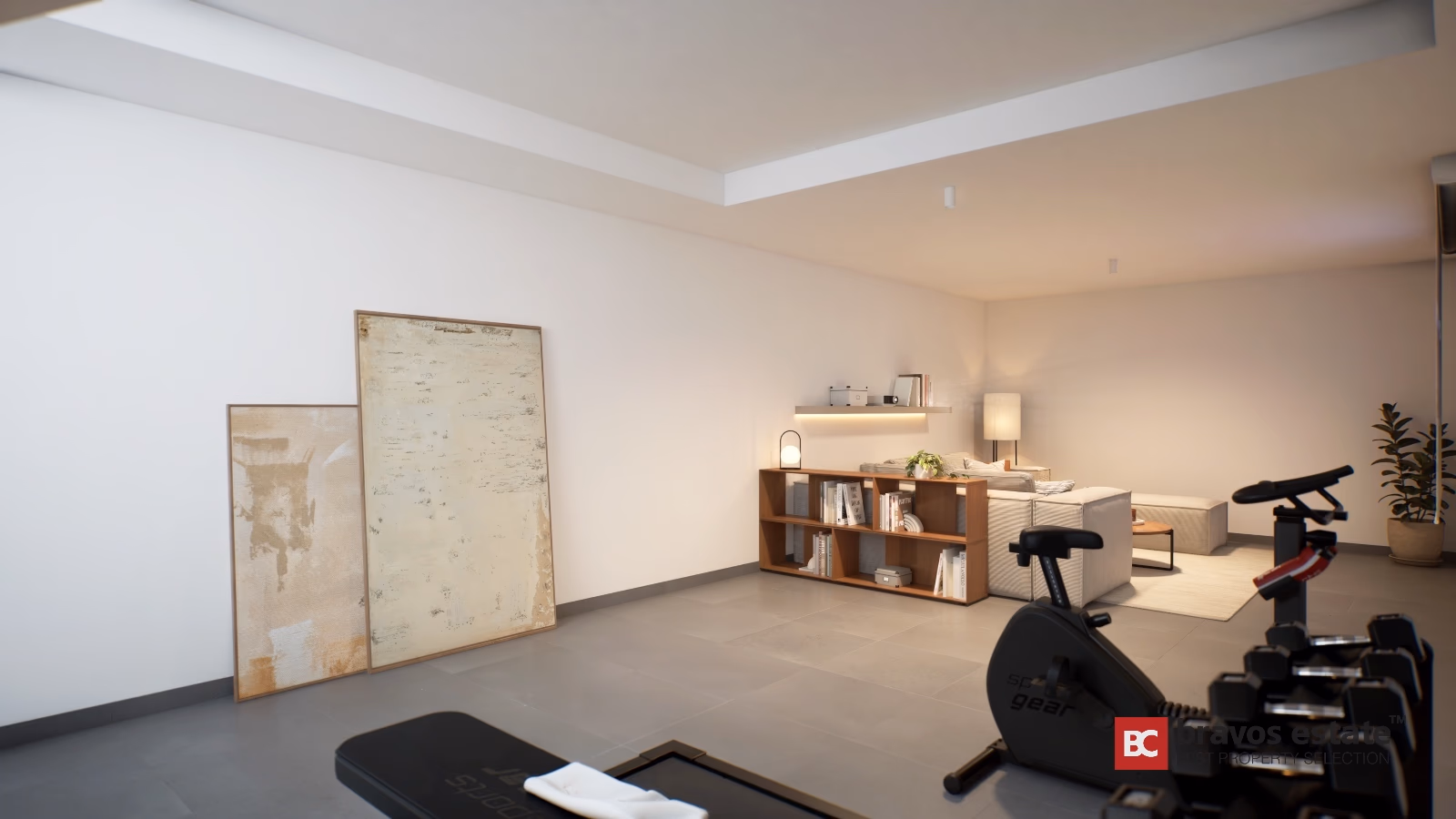 Basement gym area with exercise bike, wooden storage unit and polished concrete flooring in Gran Alacant townhouse