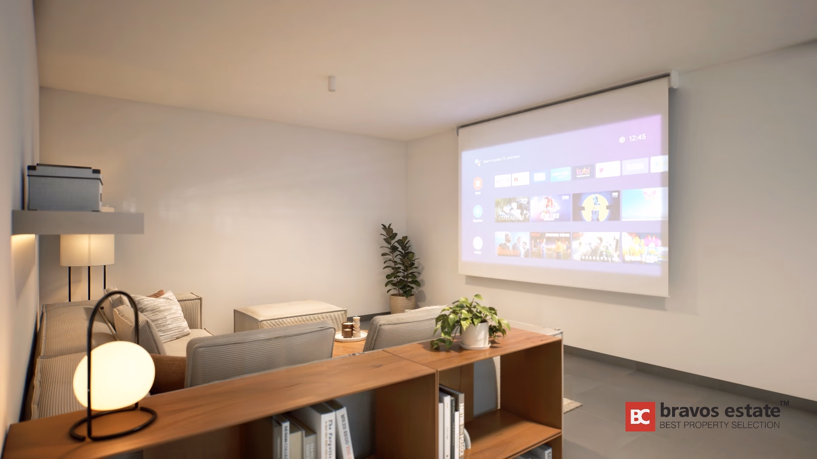 Home cinema room with projector screen and wooden shelving unit in Gran Alacant townhouse