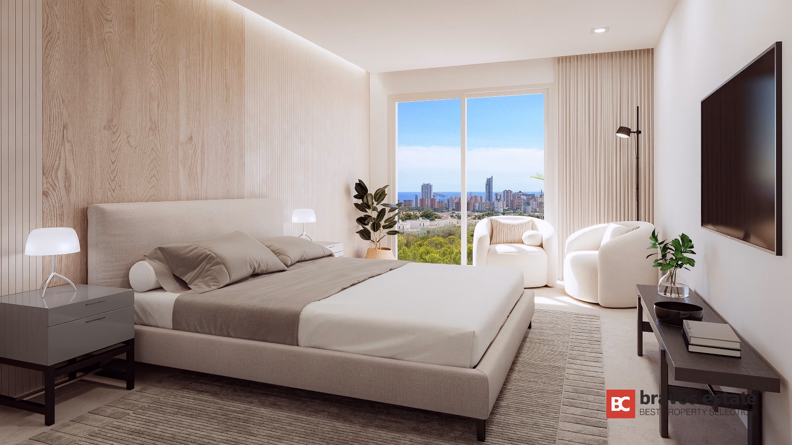 Modernes Schlafzimmer mit Holzkopfteil und Meerblick durch Raumhohe Verglasung in Salamandra