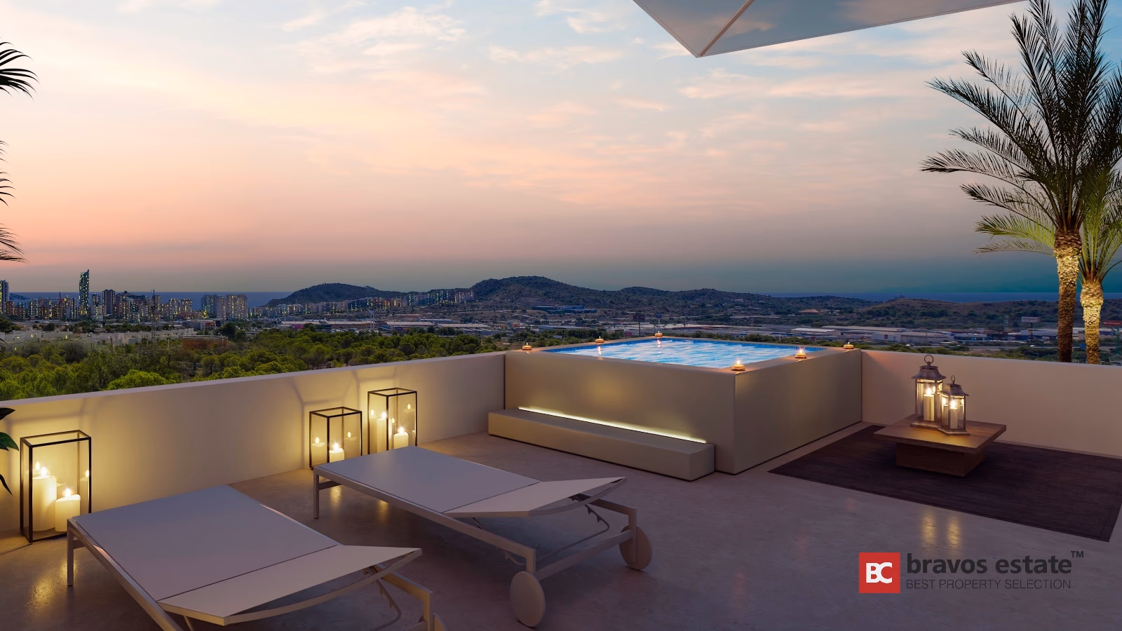 Schlafzimmer in Salamandra mit raumhohen Fenstern und Meerblick auf die Skyline von Benidorm