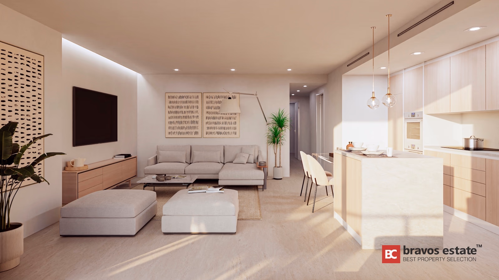 Wohnzimmer in sanften Tönen mit TV, Kücheninsel und Einbauschränken in Salamandra