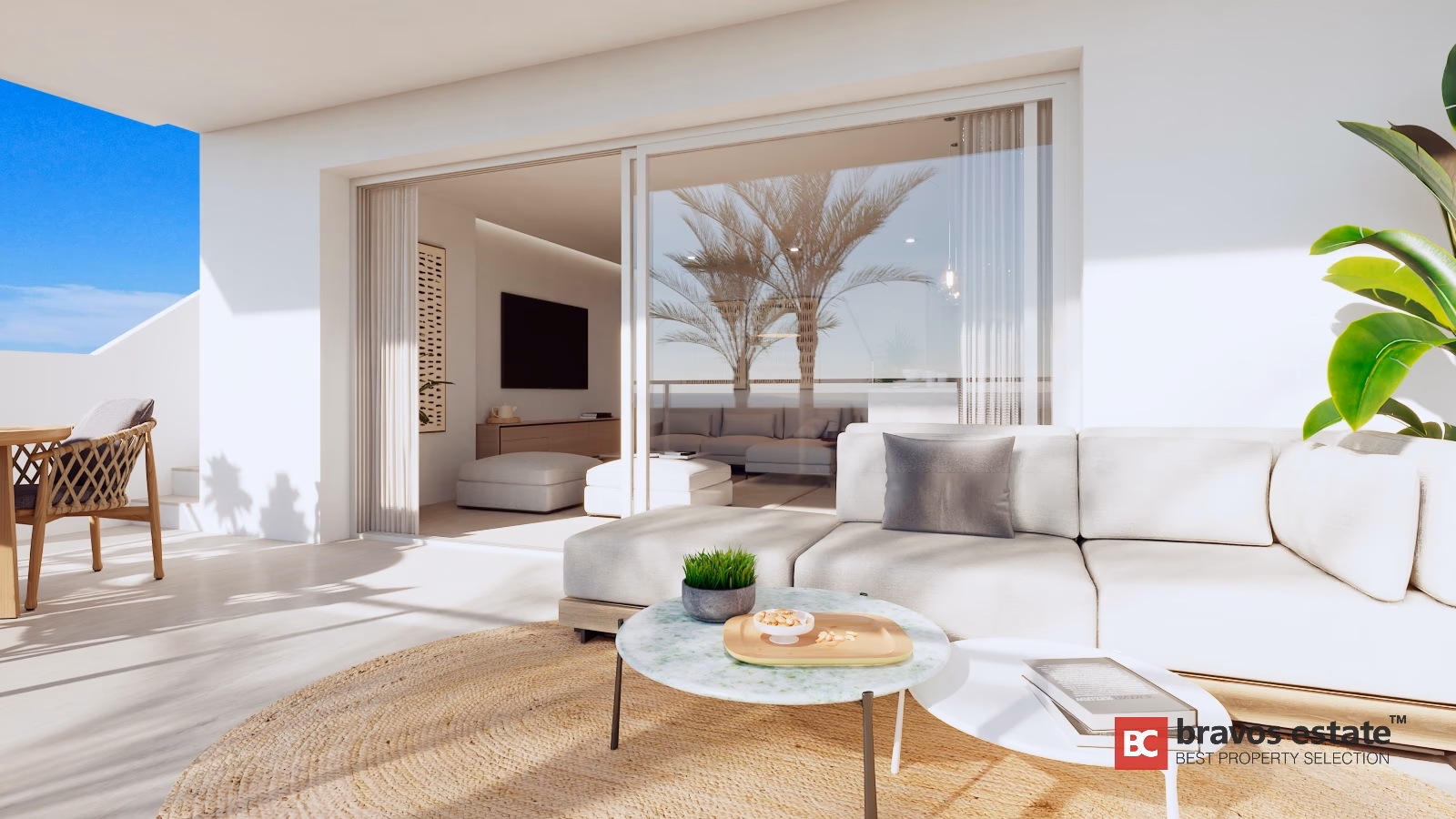 Penthouse-Terrasse Salamandra mit Loungebereich, Essbereich und Schiebetüren zum Innenraum, Sierra Cortina, Finestrat