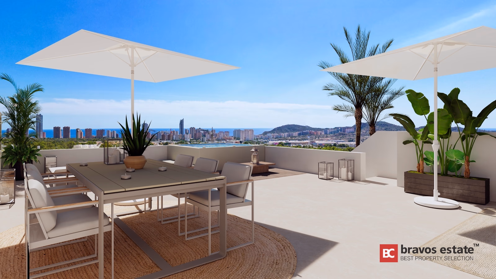Dachlounge der Salamandra bei Sonnenuntergang mit Kerzen, sanftem Licht und Blick auf Benidorm