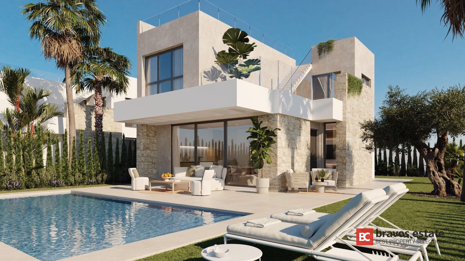 Aura Villa in Finestrat: Steinfassade, Glasschiebetüren, privater Pool mit Sonnenliegen und mediterranen Palmen