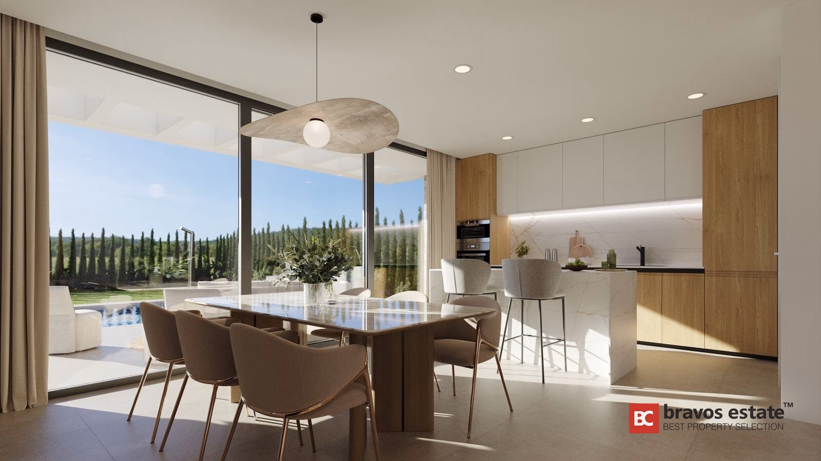 Moderne Küche-Esszimmer in Aura Finestrat mit Marmorinsel, Holzschränken, Sechser-Esstisch und Blick auf Garten und Pool