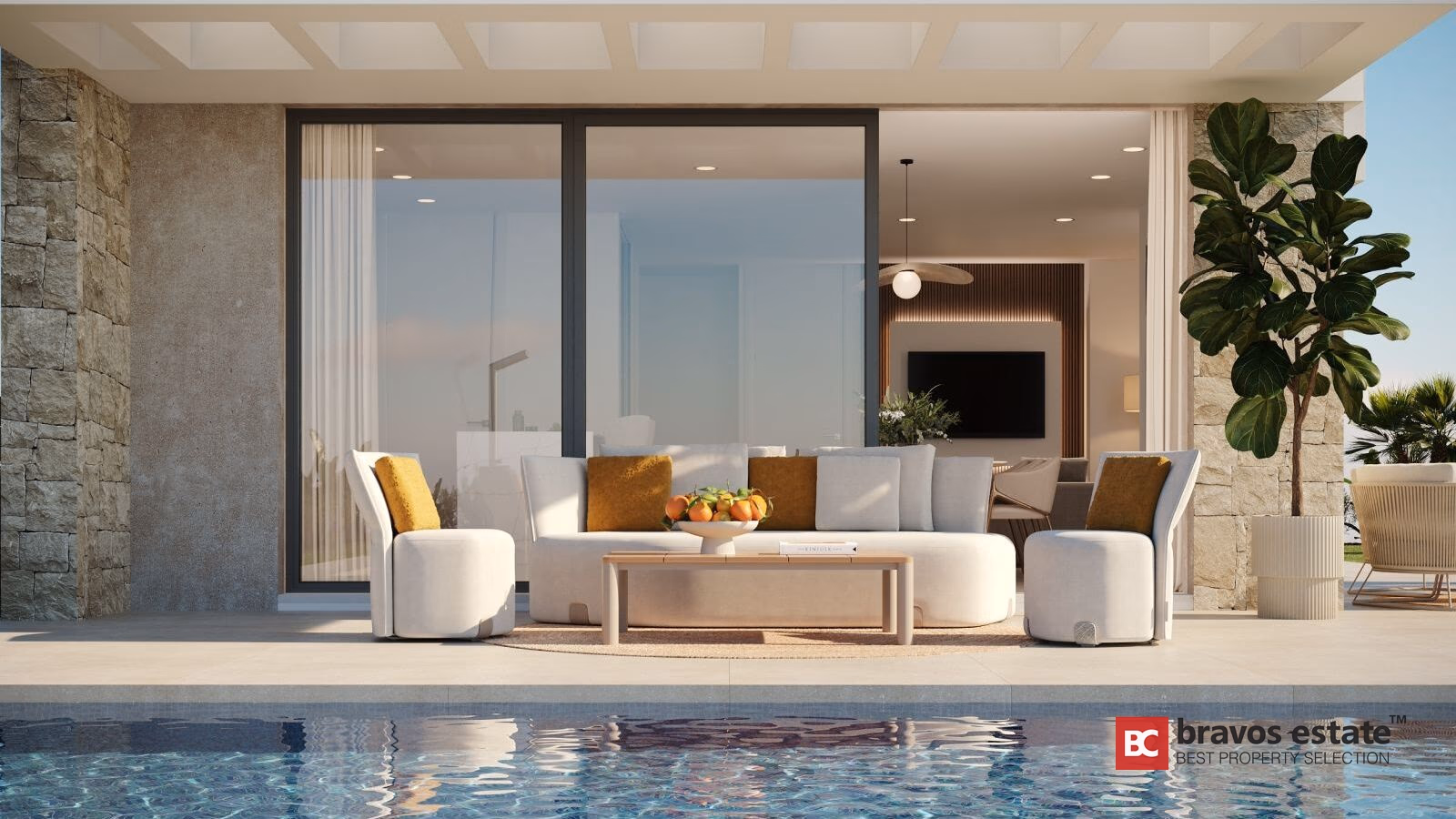 Aura Außenlounge am Privatpool mit weißen Sofas, Zierkissen, Pergola und Steinmauer