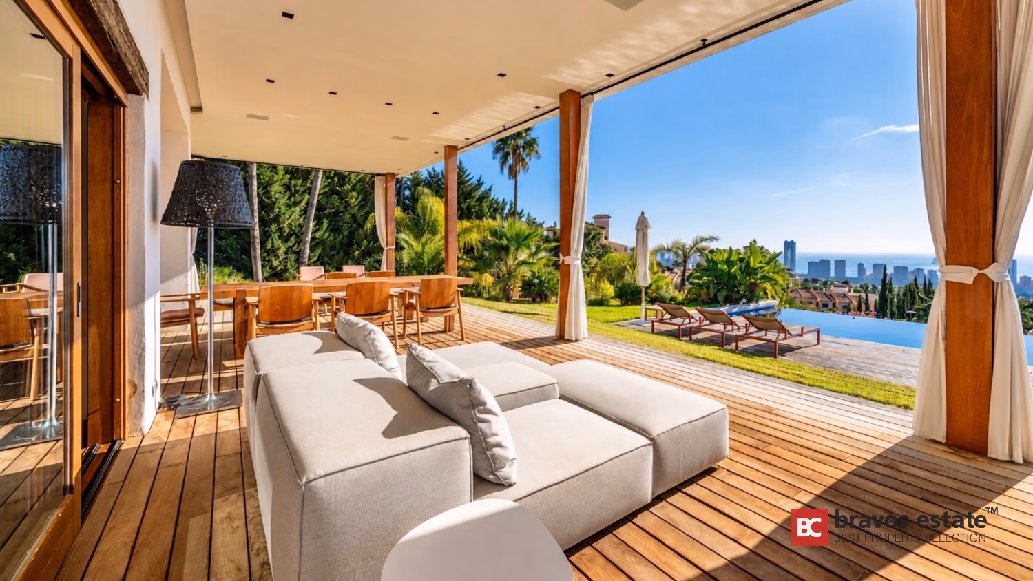 Überdachte Terrasse der Villa Ibiza mit Loungebereich, Infinity-Pool und Meerblick auf Benidorm