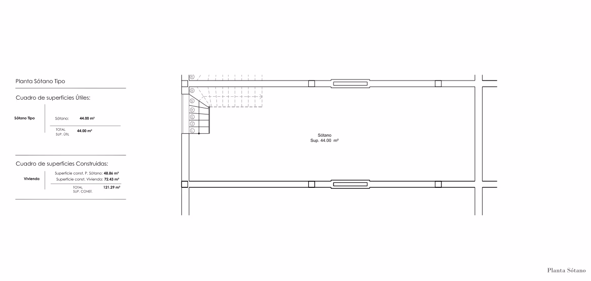 Basement floor plan showing 44 sqm garage space with staircase access in Gran Alacant townhouse