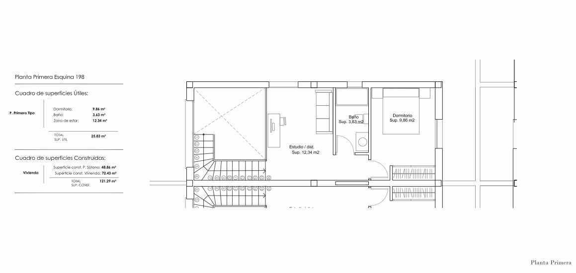 Ground floor plan showing open-plan living area, kitchen island, guest bedroom and bathroom in Gran Alacant townhouse