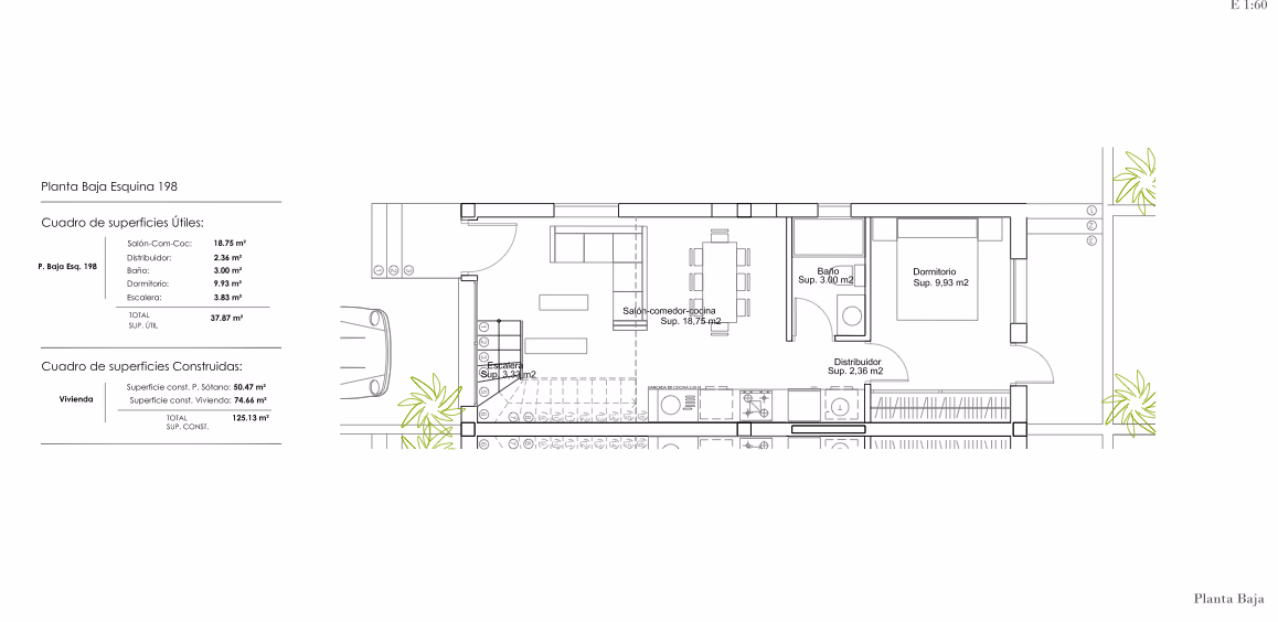 Ground floor plan showing open-plan kitchen-living area with master bedroom and bathroom in Gran Alacant townhouse