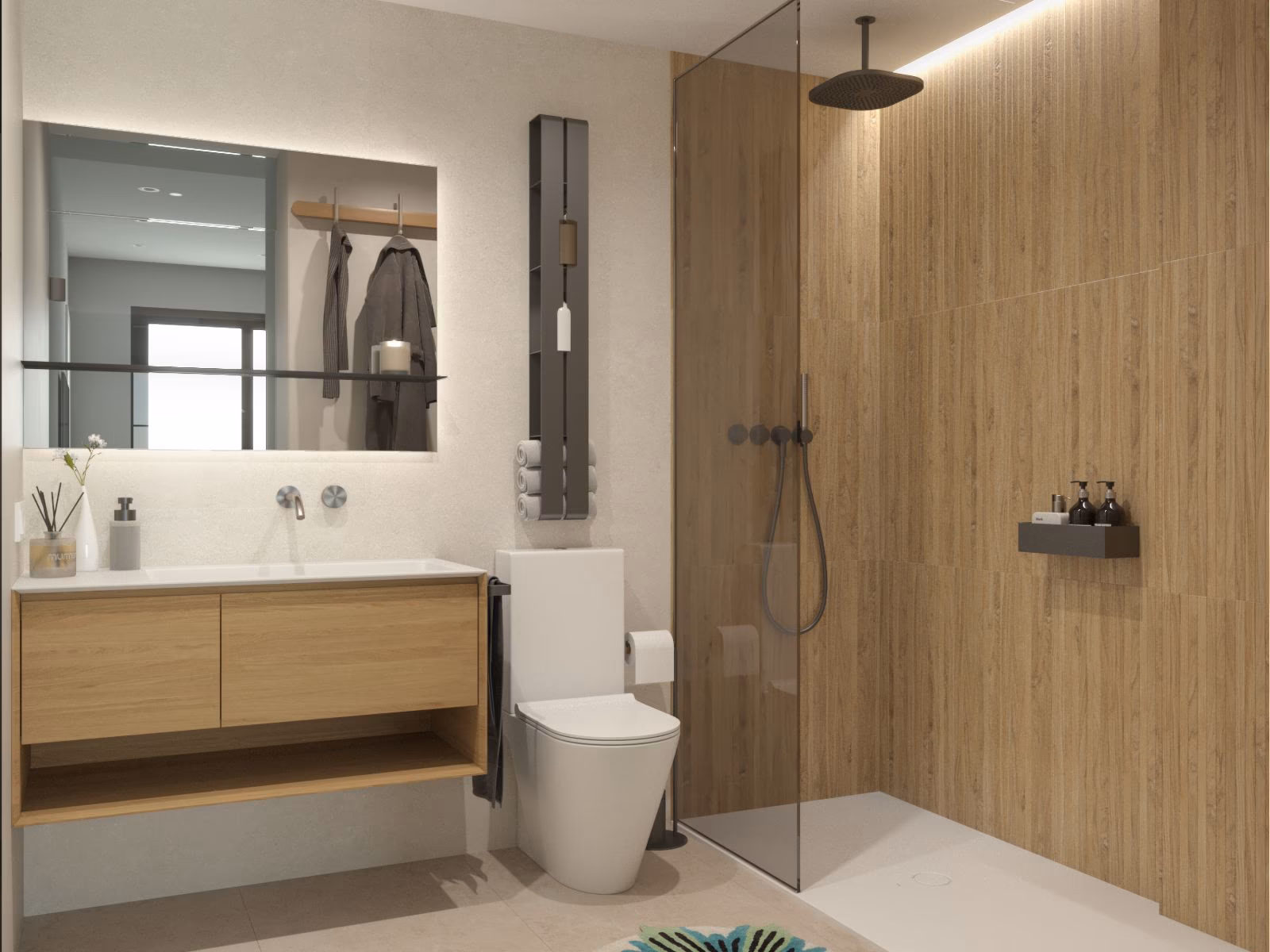 Badezimmer mit ebenerdiger Regendusche und Fliesen in Holzoptik