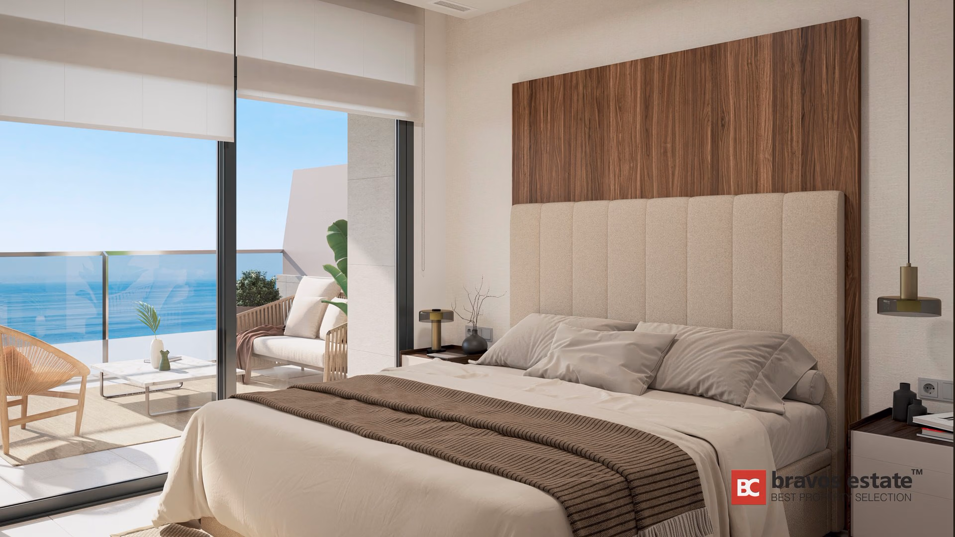 CGI render of TM Tower bedroom with tall walnut headboard panel, padded linen bedhead, and direct sea-view terrace access in Playa de Poniente, Benidorm