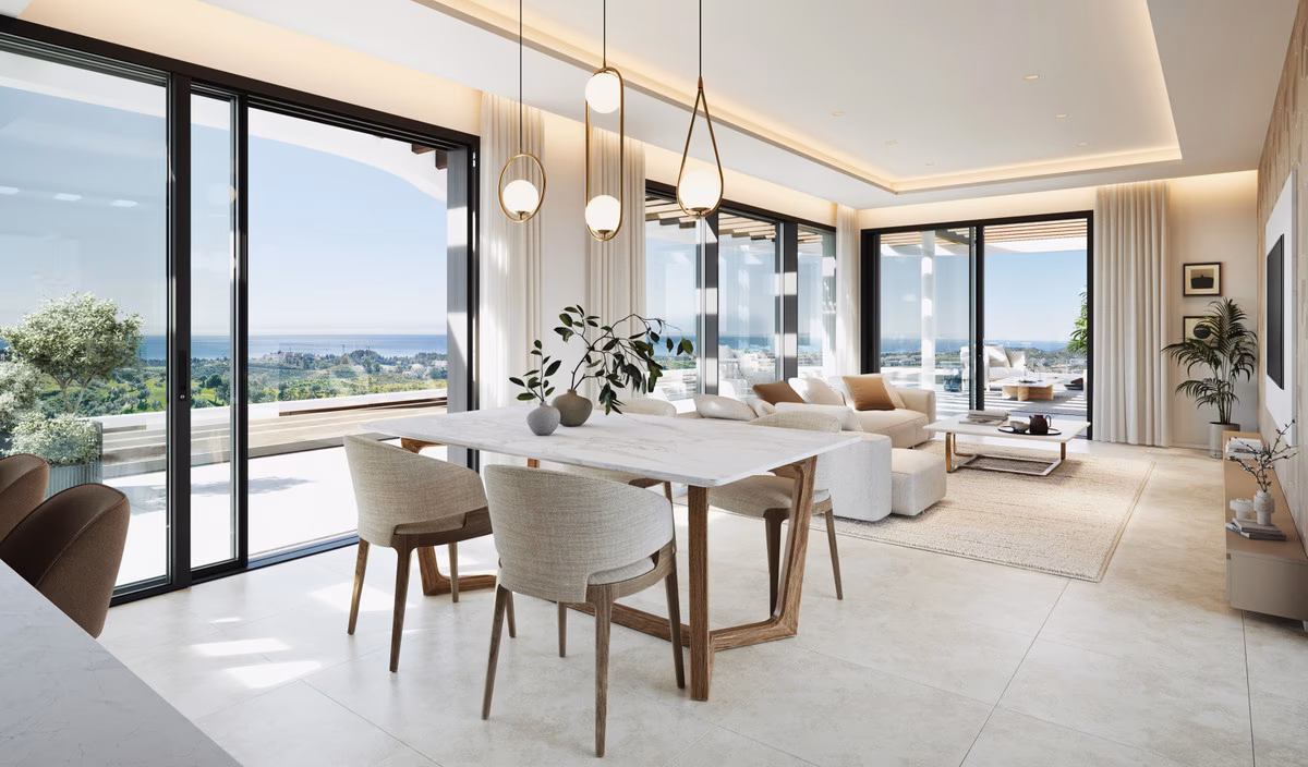 Open-plan living and dining room with sea views
