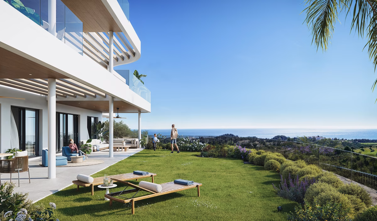 Ground-floor garden apartments with lawn and coast views