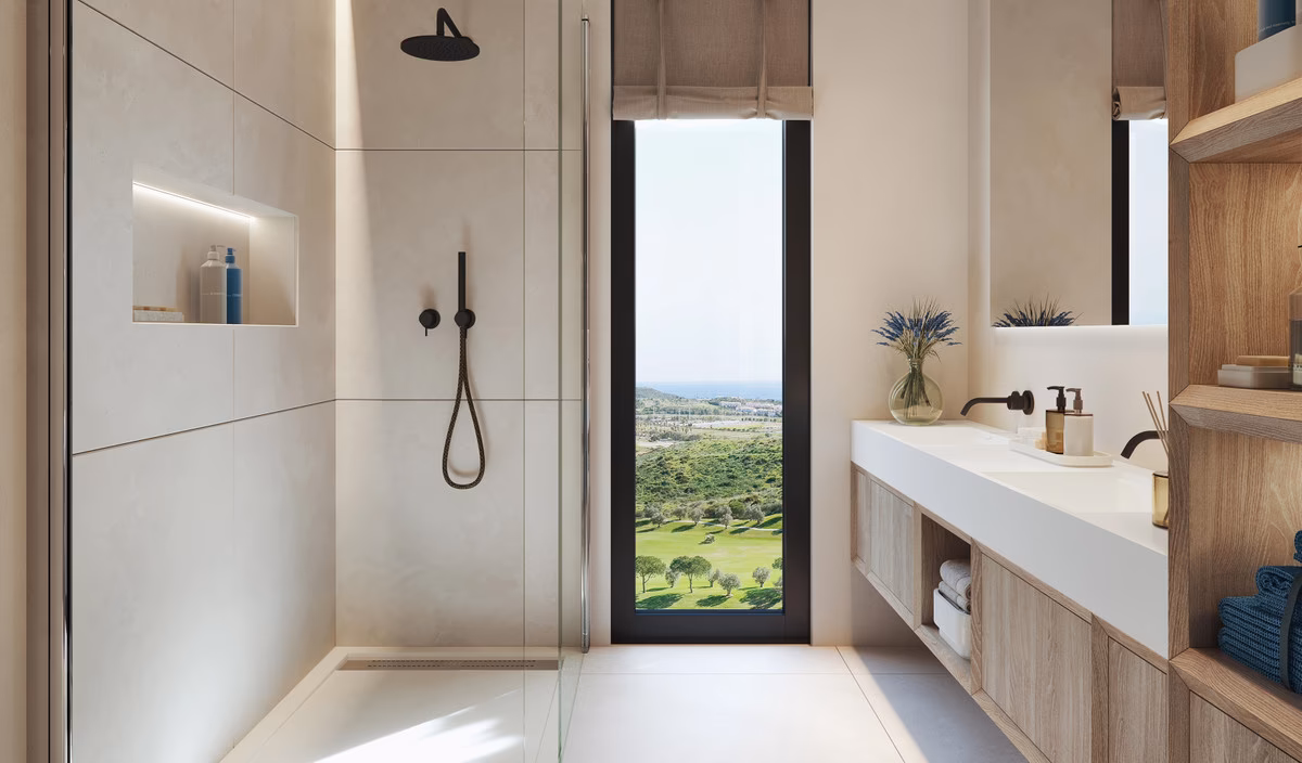 Bathroom with walk-in shower and golf views