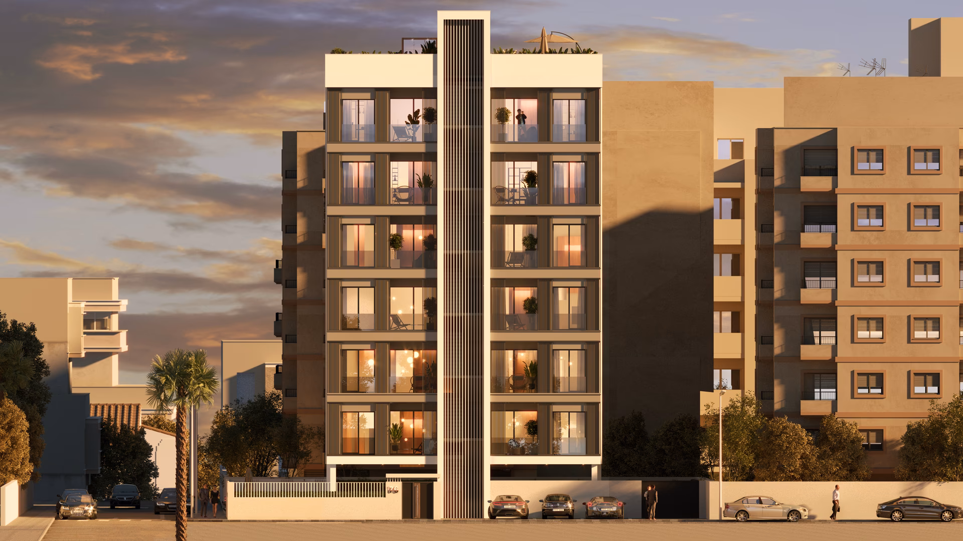 Alzado frontal de Sunrise Tower con columna de lamas entre los balcones
