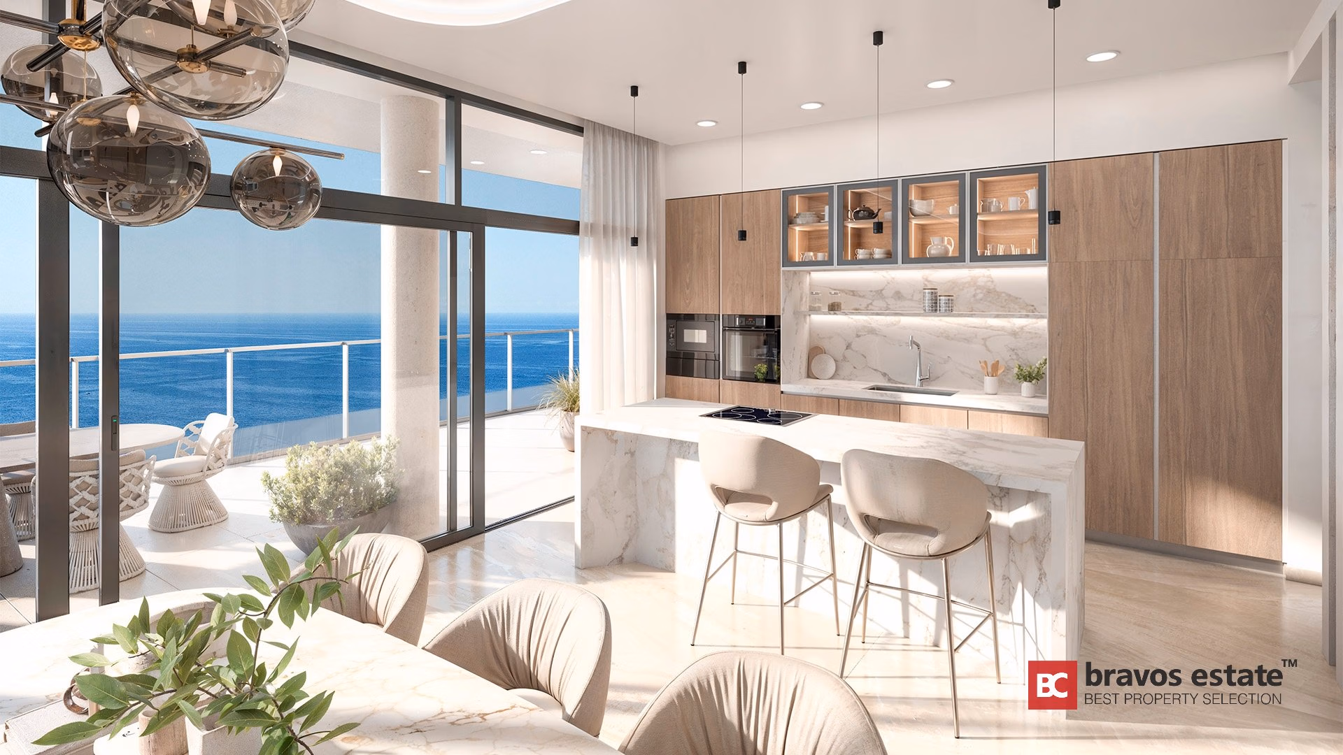 CGI render of TM Tower apartment kitchen with marble island, oak cabinets, and panoramic sea view in Playa de Poniente
