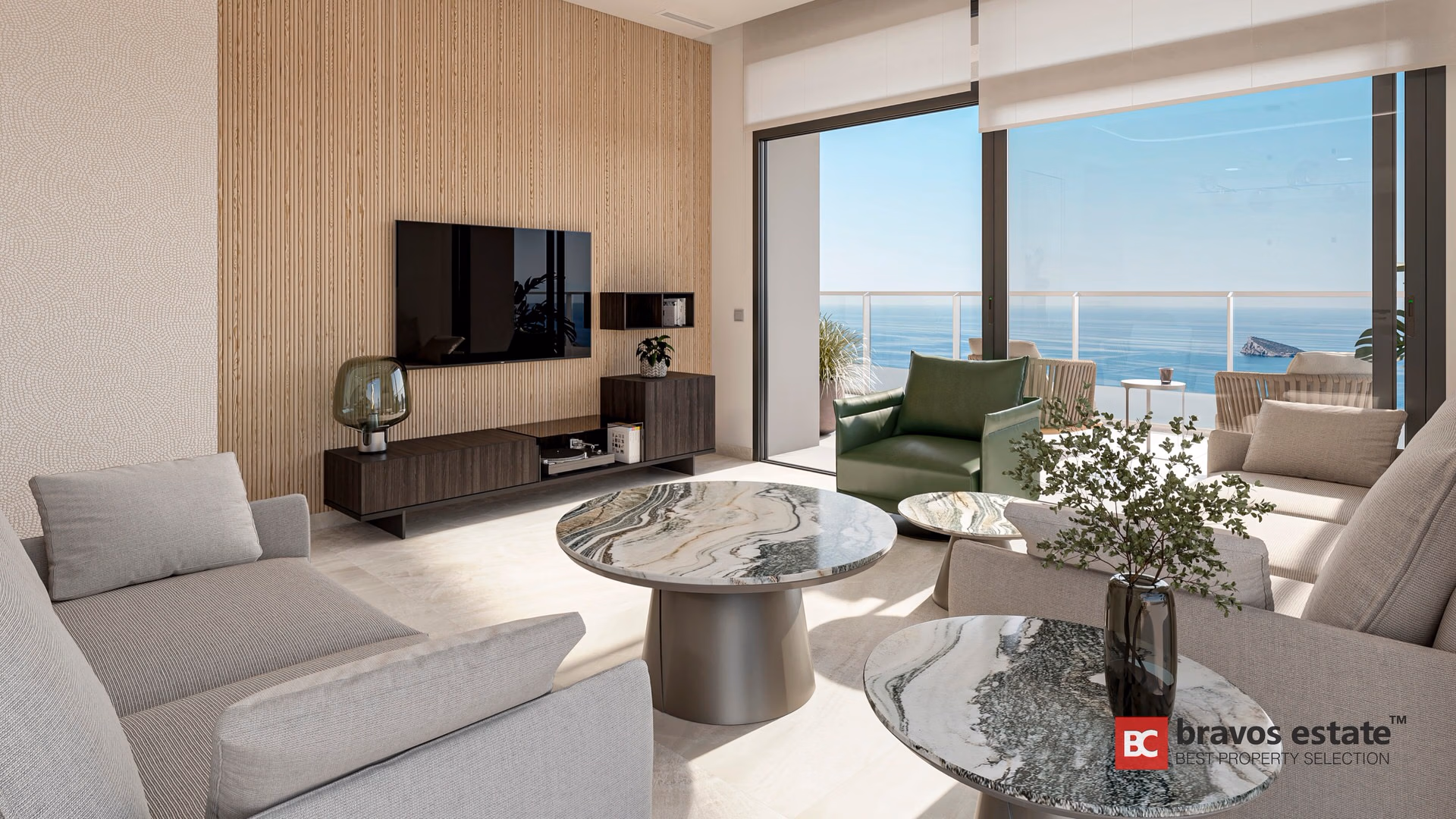 CGI render of TM Tower living room with slatted wood feature wall, veined marble coffee table, and floor-to-ceiling sea views over Playa de Poniente