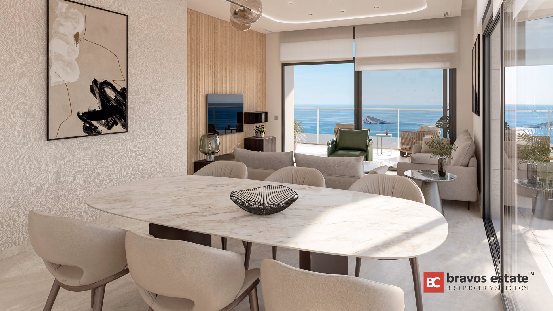 CGI render of TM Tower dining area with oval marble table and panoramic sea views through floor-to-ceiling sliding doors