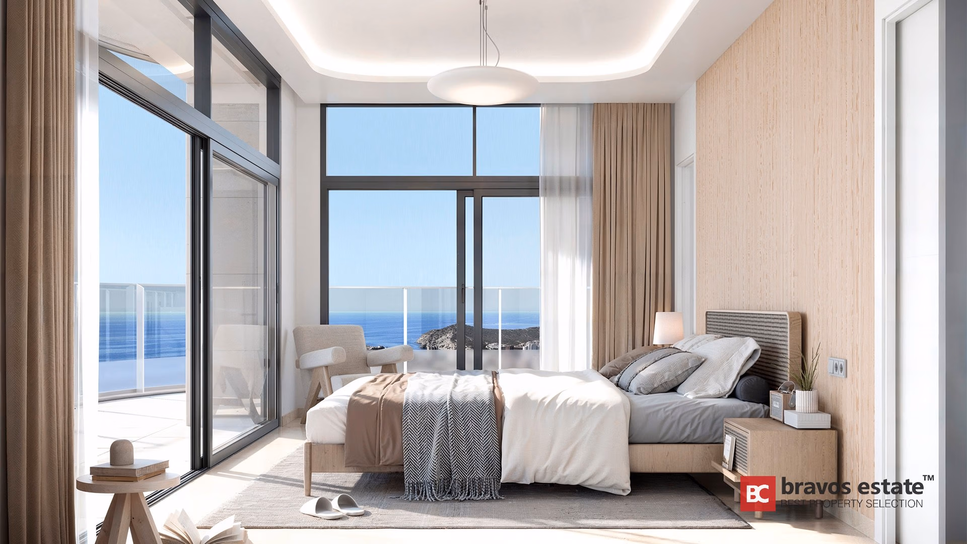 CGI render of TM Tower bedroom with floor-to-ceiling black-framed glazing and sea headland views