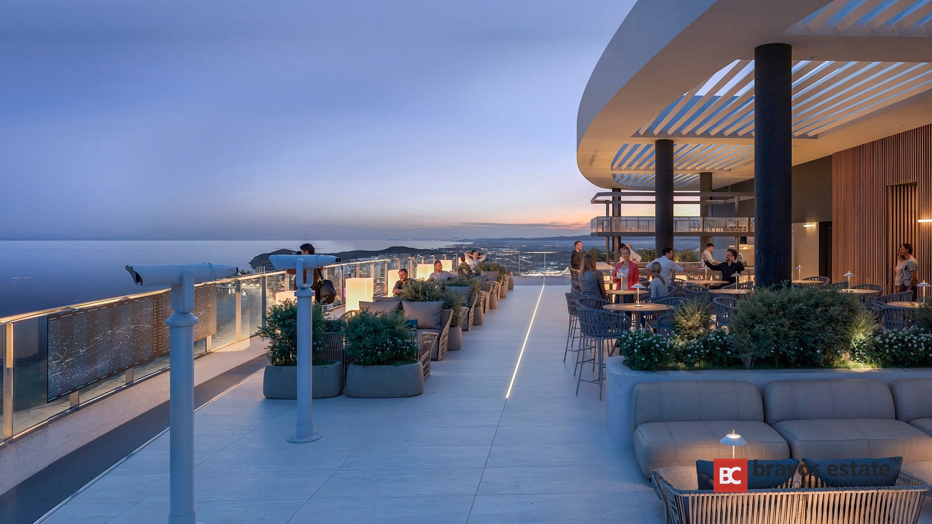CGI render of TM Tower rooftop terrace at dusk with telescope viewpoint, louvred pergola, and panoramic Benidorm coastline lights below
