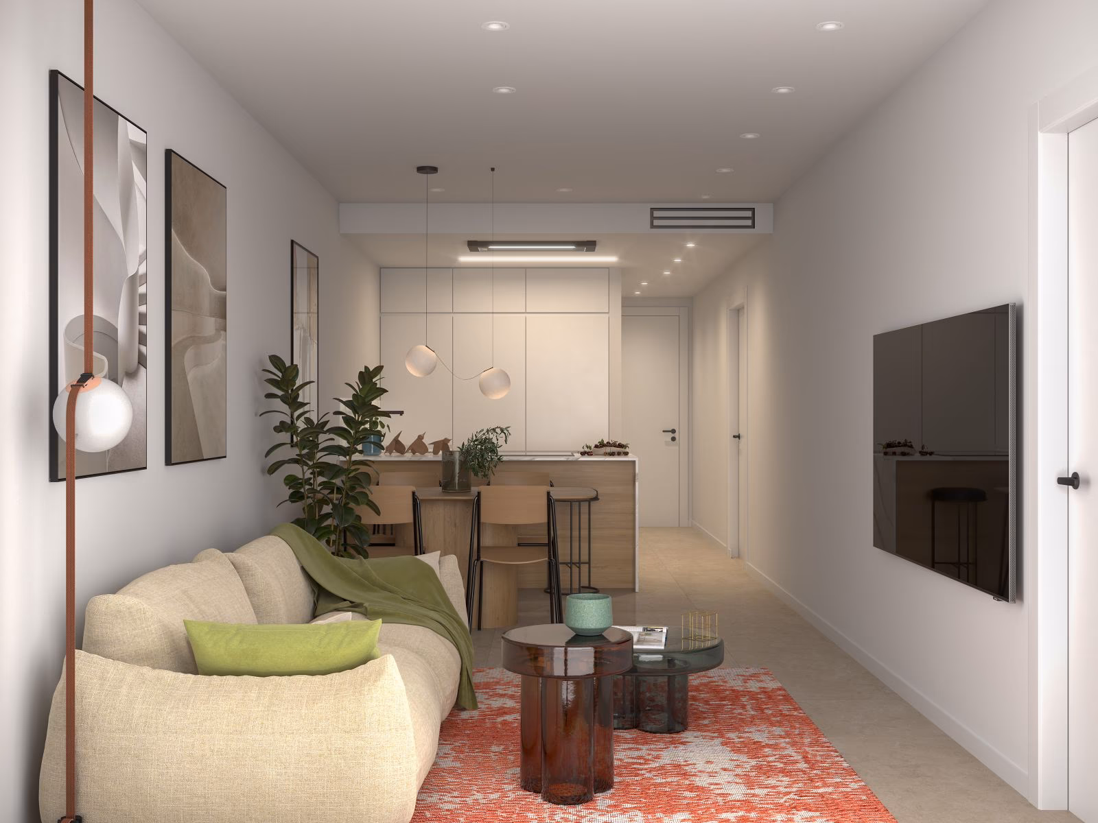 Wohnzimmer mit offener Küche und Esstheke in einer Zwei-Schlafzimmer-Wohnung