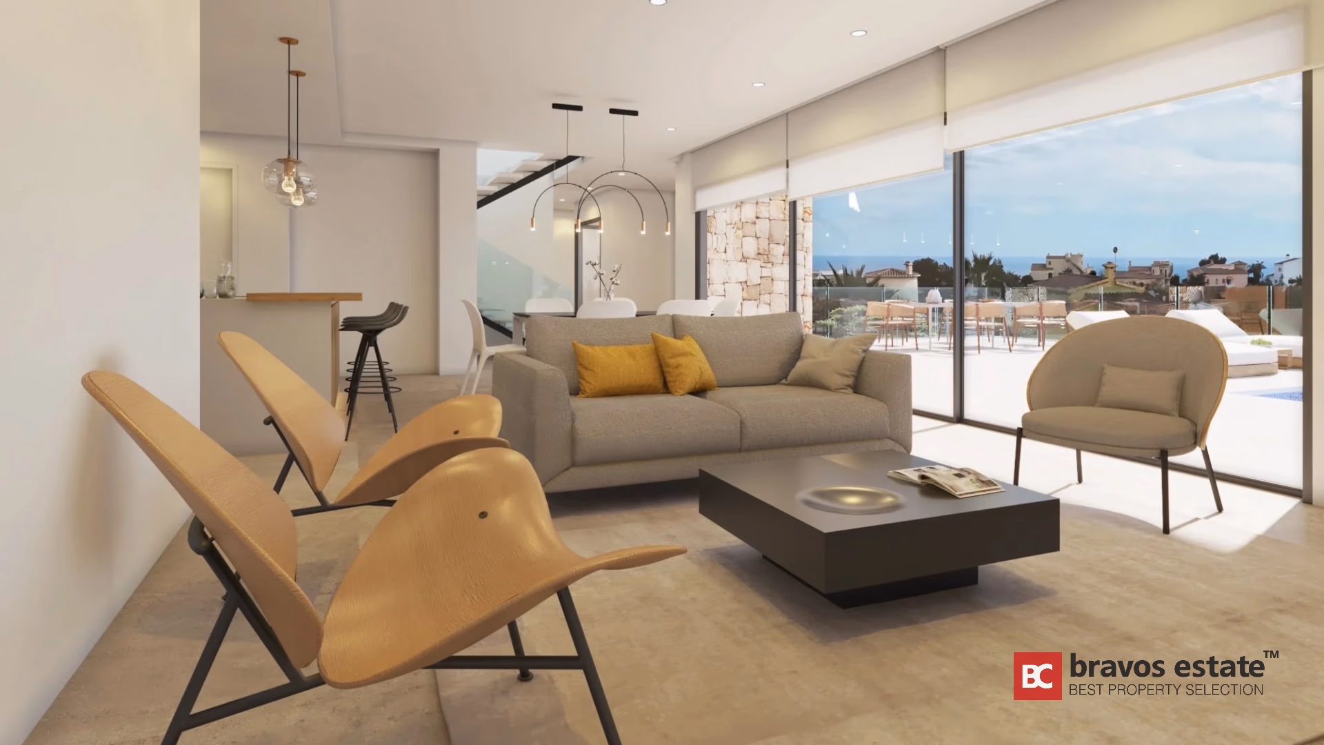 Woonkamer met vloer-tot-plafond glas en uitzicht op de Middellandse Zee