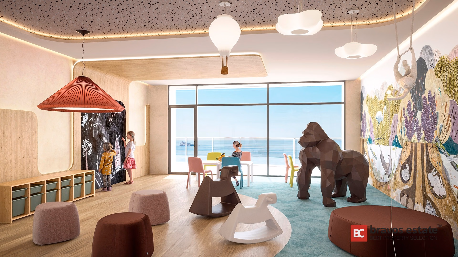 CGI render of TM Tower kids club with gorilla sculpture, jungle mural, chalkboard wall, and sea views